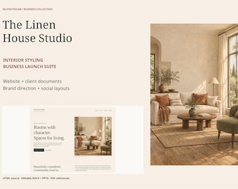 Startpakket voor een interieurstylingbedrijf: websitetemplate, klantdocumenten, huisstijl- en socialmediatemplates