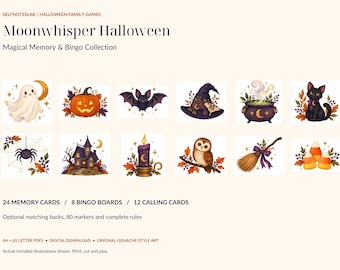 Printbare Halloween Memory & Bingo-kaarten: Gouache-stijl illustraties, 24 kaarten, 8 speelborden (PDF)
