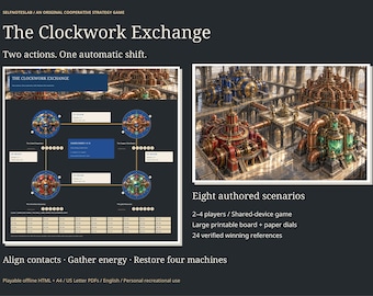 Clockwork Cooperative Board Game, Printable Strategy Game and Playable Offline App, Large Board, Rotating Dials, 8 Scenarios