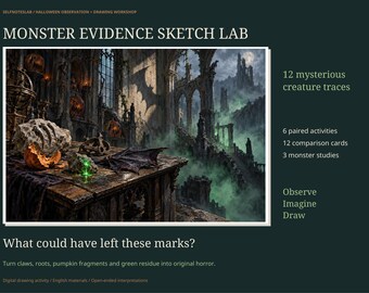 Monster Evidence Drawing Kit, Halloween Creature Sketch Lab, 12 Trace Plates, Observation Worksheets and Gothic Monster Examples