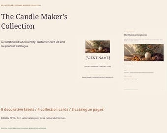 Candle Label Templates: 8 Editable Labels, 4 Collection Cards and 8 Page Catalogue, PPTX PDF Branding Suite
