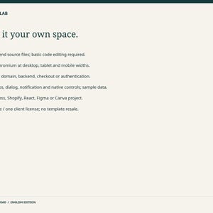 May include: A digital document titled SELFNOTESLAB BEFORE YOU BUY with the heading Make it your own space. It lists technical specifications including static frontend source files, Chromium testing, and licensing terms for one website.