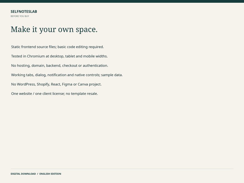 May include: A digital document titled SELFNOTESLAB BEFORE YOU BUY with the heading Make it your own space. It lists technical specifications including static frontend source files, Chromium testing, and licensing terms for one website.