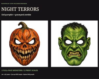 Scary Halloween Printable Masks | Evil Pumpkin and Zombie Monster Paper Masks | Full Face Cut Out PDF Set