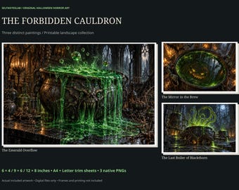 Scary Halloween Wall Art Set of 3, Gothic Cauldron Horror Prints, Dark Fantasy Printable Decor