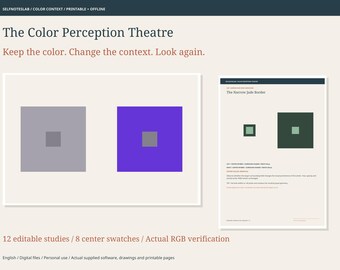 Workshop sulla percezione del colore, Studio offline sul contrasto cromatico, 12 studi modificabili, esportazioni in formato PNG e SVG e quaderno di lavoro artistico stampabile.