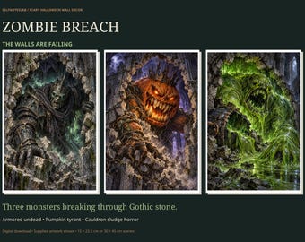Decoraciones de pared de Halloween con temática de Zombie Breach, 3 escenas de monstruos zombis con baba de calabaza, 10 superposiciones imprimibles de garras y piedras.