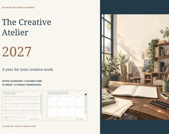 Digitale planner voor creatieve projecten 2027 | Maandelijkse en wekelijkse PDF met hyperlinks, 133 pagina's, 12 projectwerkruimtes | Start op maandag