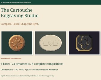 Estudio de diseño de ornamentos, arte en relieve SVG editable, compositor de medallones sin conexión, 24 formas, ocho ejemplos y taller imprimible.
