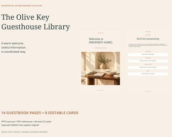 Vacation Rental Welcome Book: 14 Editable Guest Guide Pages and 8 Guest Cards, A4 Letter PPTX PDF, Host Update Register
