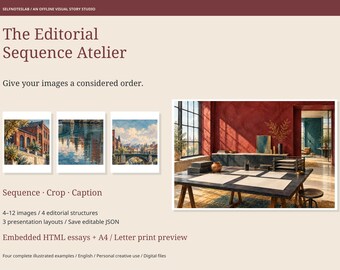 Estudio de secuenciación de historias fotográficas, editor de ensayos fotográficos sin conexión, hojas de contacto, ejemplos editables y cuaderno de trabajo de fotografía imprimible.