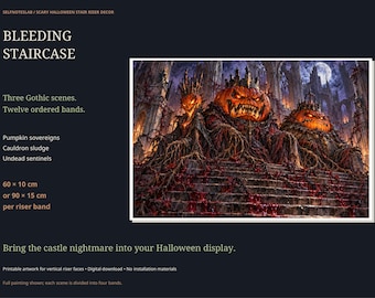 Gruselige Halloween-Treppenstufendekorationen, 12 ausdruckbare Horror-Paneele, Kürbis-Zombies, Kessel, gotisches Schloss