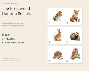 Printbare winterbosdominostenen | 28 dierenstenen en 8 coöperatieve kettingpuzzels | Familiespel A4 US Letter PDF