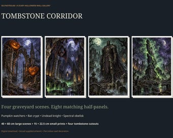Decoración de pared de Halloween con temática de cementerio gótico, 4 escenas de cementerio en 8 paneles, 4 recortes de lápidas, imprimible en tamaño A4 (tamaño carta estadounidense).