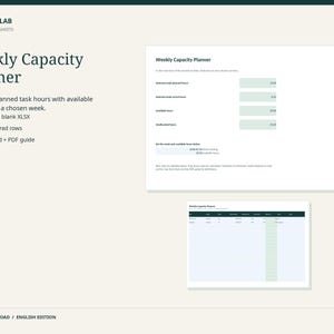 May include: A digital Weekly Capacity Planner spreadsheet by SELFNOTESLAB. The document features a dashboard for comparing planned task hours with available capacity, including 200 prepared rows, an example file, and a PDF guide.