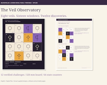 Printbare logische puzzel van het Veil Observatory, 12 gelaagde kleuruitdagingen en een offline interactief spel.