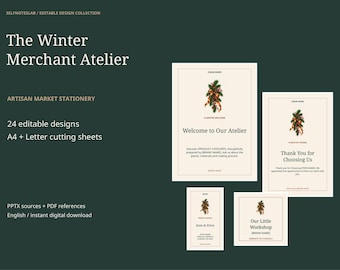 Sjabloonen voor briefpapier voor de wintermarkt | 24 bewerkbare borden, inlegvellen, productlabels en etiketten, PPTX, A4 en Letter-formaat
