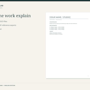 Op de afbeelding: Een digitaal documentsjabloon getiteld Let the work explain door SELFNOTESLAB. Het bevat twee bewerkbare DOCX-bestanden en bijbehorende PDF-referentie-exports in A4- en US Letter-formaten. De documentindeling bevat secties voor naam, studio, specialisatie, projecten en contactgegevens.