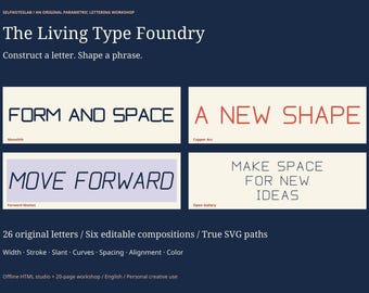 Estudio de rotulación paramétrica, 26 letras SVG originales, arte tipográfico editable, aplicación de diseño sin conexión y taller imprimible.