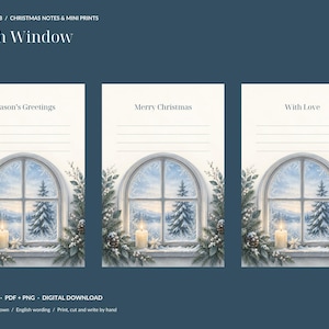 May include: Three rectangular note cards featuring a winter window scene with a lit candle, pine branches, and pinecones. The cards display the text Season's Greetings, Merry Christmas, and With Love, each with horizontal lines for writing.