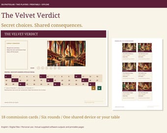 Two Player Strategy Game Printable and Offline, Secret Choice Party Game, 18 Commission Cards, The Velvet Verdict