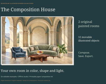 Interior Collage Studio, 12 Illustrated Furniture Objects, 2 Rooms and 6 Editable Examples, Offline Design Tool and Printable Kit