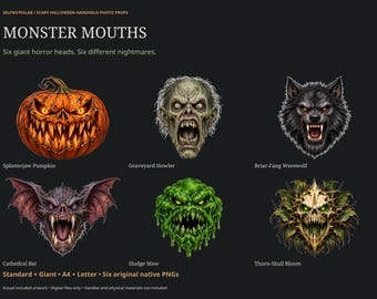 Gruselige Halloween-Monsterkopf-Fotorequisiten, 6 riesige, ausdruckbare Horrorgesichter, A4-Letter-PDF-Party-Ausschnitte