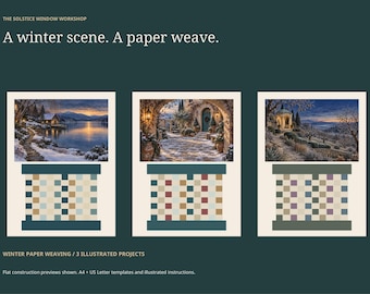 De Solstice Window Workshop printbare papierweefset met 3 geïllustreerde winterpanelen