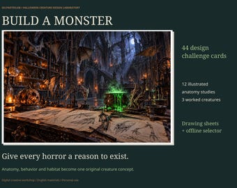 Build a Monster Halloween Drawing Kit, 44 Creature Design Cards, Anatomy Reference Art, Worksheets and Offline Idea Selector