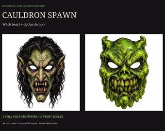 Scary Witch & Sludge Demon Masks Printable | Full Face Halloween Monster Photo Props | A4 Letter PDF