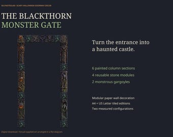 Haunted Castle Doorway Decor Printable | Blackthorn Monster Gate, Gothic Stone Columns & Gargoyle Cutouts