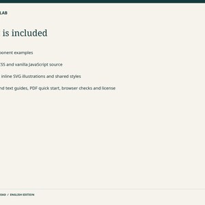 May include: A digital download information sheet from SELFNOTESLAB titled What is included. It lists 24 component examples, HTML, CSS, and vanilla JavaScript source, original inline SVG illustrations, shared styles, guides, and a licence.