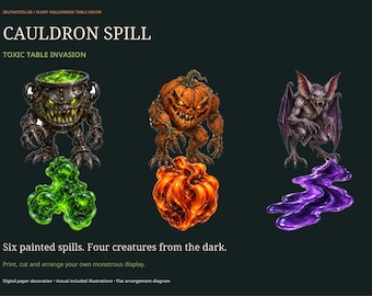 Cauldron Spill Halloween Table Decorations, 6 Slime and Pumpkin Spills, 4 Scary Monster Cutouts, Printable A4 US Letter