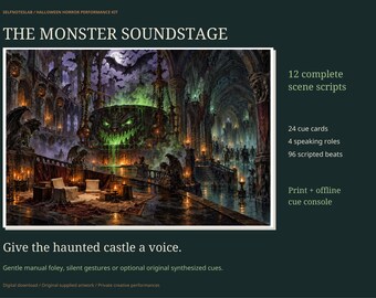Halloween Horror Soundstage, 12 Scene Scripts, 24 Foley Cue Cards, Printable Party Performance Kit and Offline Sound Console
