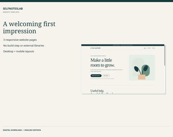 May include: A digital website template by SELFNOTESLAB featuring three responsive pages with desktop and mobile layouts. The interface displays the text 'Make a little room to grow' alongside a graphic of a potted plant in soft green and beige tones.