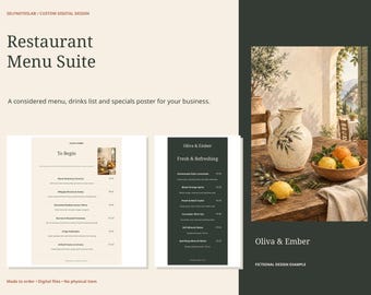 Ontwerp van een gepersonaliseerd restaurantmenu: 4 pagina's tellend menu, drankenkaart en A3-poster met dagspecialiteiten, bewerkbaar PPTX-PDF-bestand.