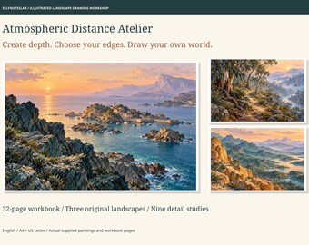 Cuaderno de dibujo de paisajes, Taller de profundidad atmosférica, 32 páginas, 3 referencias ilustradas y 9 estudios de detalle, formato A4.