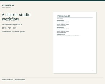 May include: A digital bundle titled A clearer studio workflow by SELFNOTESLAB. The document includes placeholders for studio name, service categories, service descriptions, durations, prices, and booking information in DOCX, PDF, and XLSX formats.