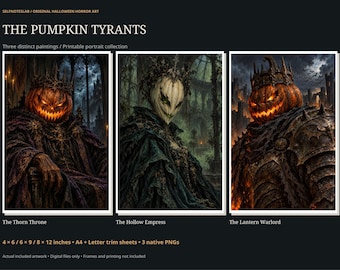 Scary Halloween Wall Art Set of 3, Gothic Pumpkin Horror Portraits, Printable Dark Fantasy Art, Digital Download