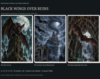 Gothic Bat Halloween Wall Art Set of 3, Scary Haunted Castle Prints, Dark Fantasy Printable Decor