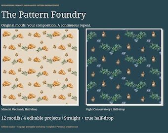 Seamless Pattern Maker Offline, Half Drop Repeat Design Studio, 12 Illustrated Motifs and Editable Pattern Projects