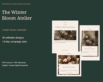 Socialmediatemplates voor winterbloemen | 36 bewerkbare PPTX-berichten, stories en carrousels, handleiding voor een campagne van 14 dagen