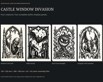 Gruselige Halloween-Fensterdeko, 4 gotische Monster-Schattenbilder, große druckbare Kürbis-Fledermaus-Gargoyle-Grafik, A4-PDF