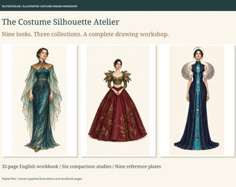 Cuaderno de trabajo de diseño de vestuario, 9 referencias de ilustración de moda fantástica, taller de dibujo de siluetas de 32 páginas, imprimible en formato A4 y carta.