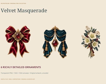 Velvet Masquerade Clipart: 6 Transparent PNG Ornaments, Burgundy Bow, Gold Fan, Winter Flowers, Vintage Key and Candle