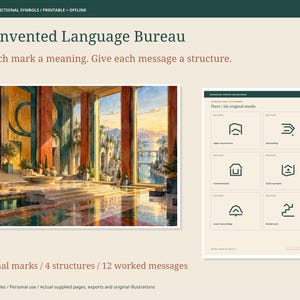 May include: A digital document titled The Invented Language Bureau featuring a painting of a sunlit classical hall with large windows overlooking a coastal landscape and a grid of six original symbols with text labels for each mark.