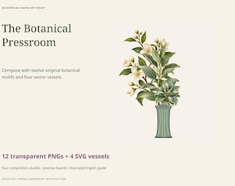 Botanical Clipart Composition Kit: 12 Transparent Plant PNGs, 4 SVG Vases, Illustrated Arrangement Guide