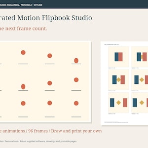 以下が含まれることがあります： 「Make the next frame count.」というテキストが記載されたIllustrated Motion Flipbook Studio。画像には、水平線の上に赤い円が並ぶグリッドと、青と赤の長方形、黄色のひし形が描かれた6つの正方形のフレームを示す別のシートが表示されています。
