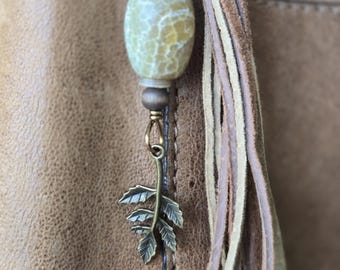 Rustic Leather and Stone Bag and Purse Tassel: Keychain, Rear View Mirror Decor