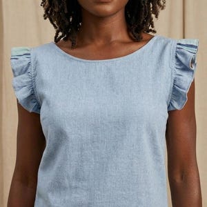 Sky Blue Ruffled Sleeve Loose Fitting Kenyan Kikoy Summer Top Shirt Blouse